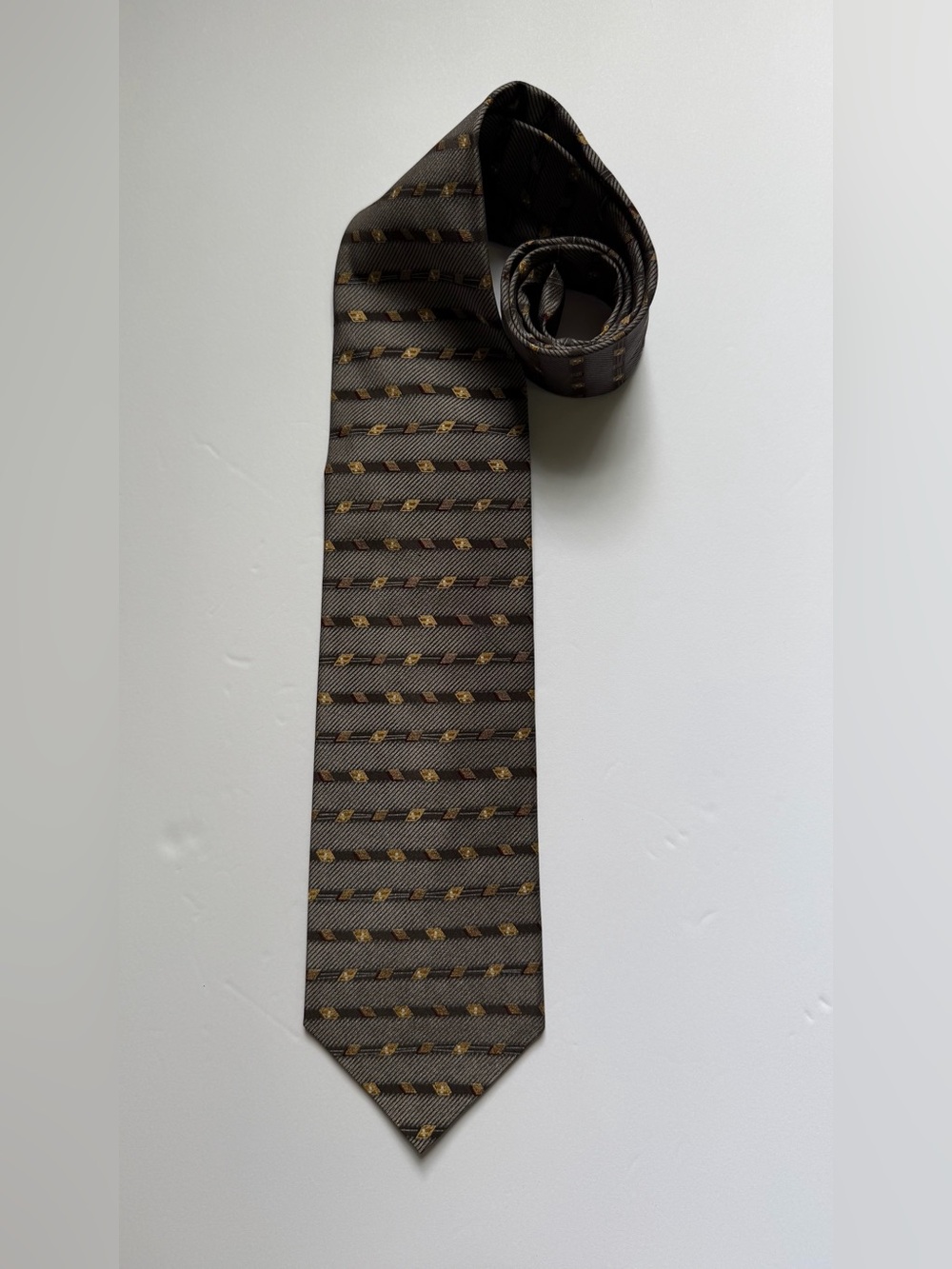 Polifoni Milano Italian Silk Tie Gray Gold Geometric Pattern Made in Italy